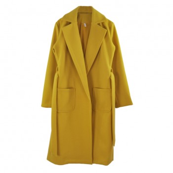 MVGIRLRU elegant Long Women's coat lapel 2 pockets belted Jackets solid color coats Female Outerwear